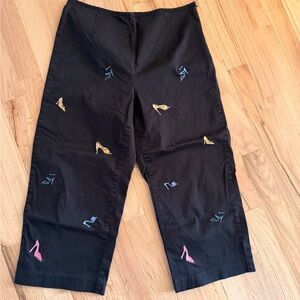 Black Cropped Pants with Colorful Shoe Embroidery